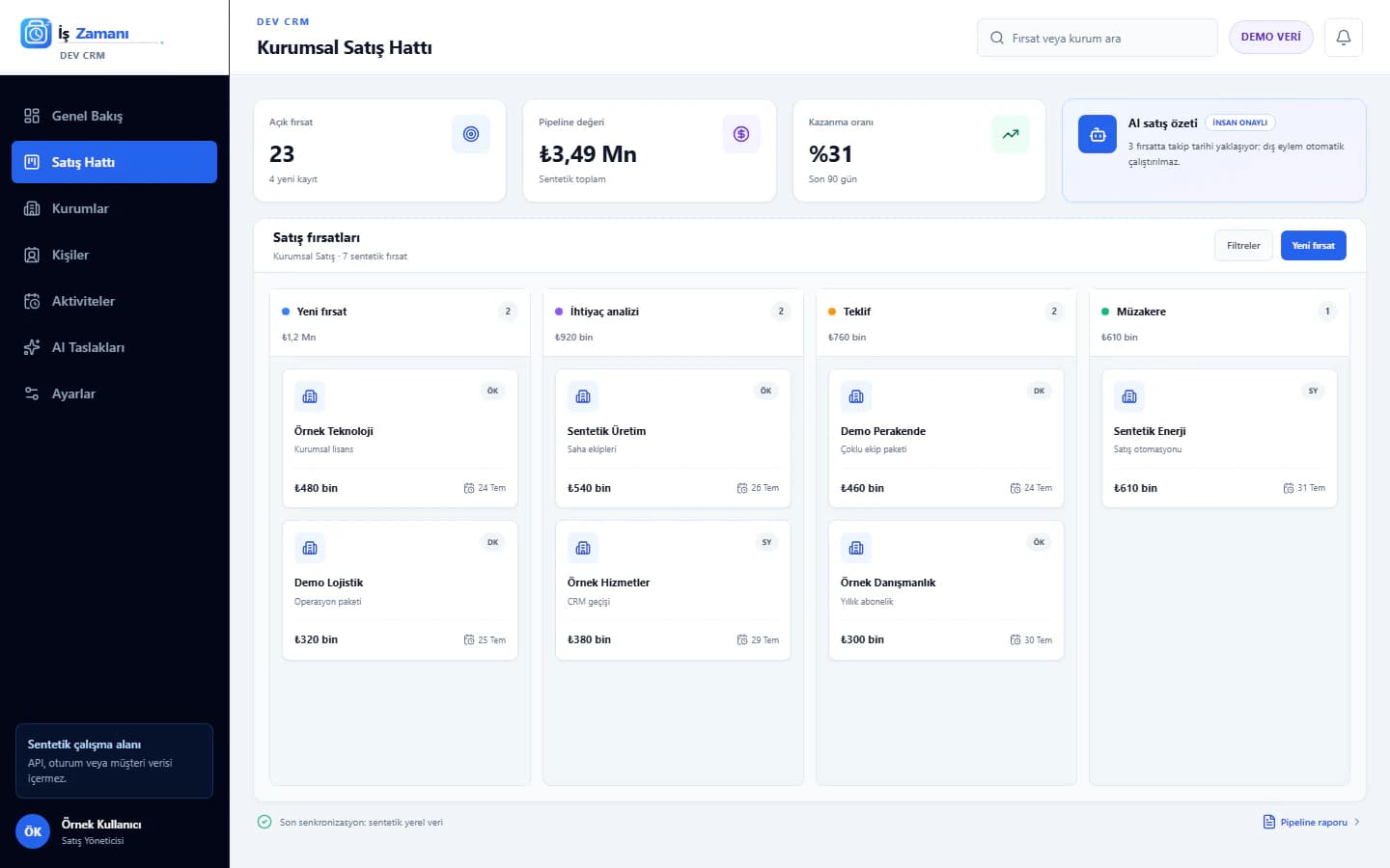 DEV CRM sentetik demo verileriyle satış çalışma alanı ekranı