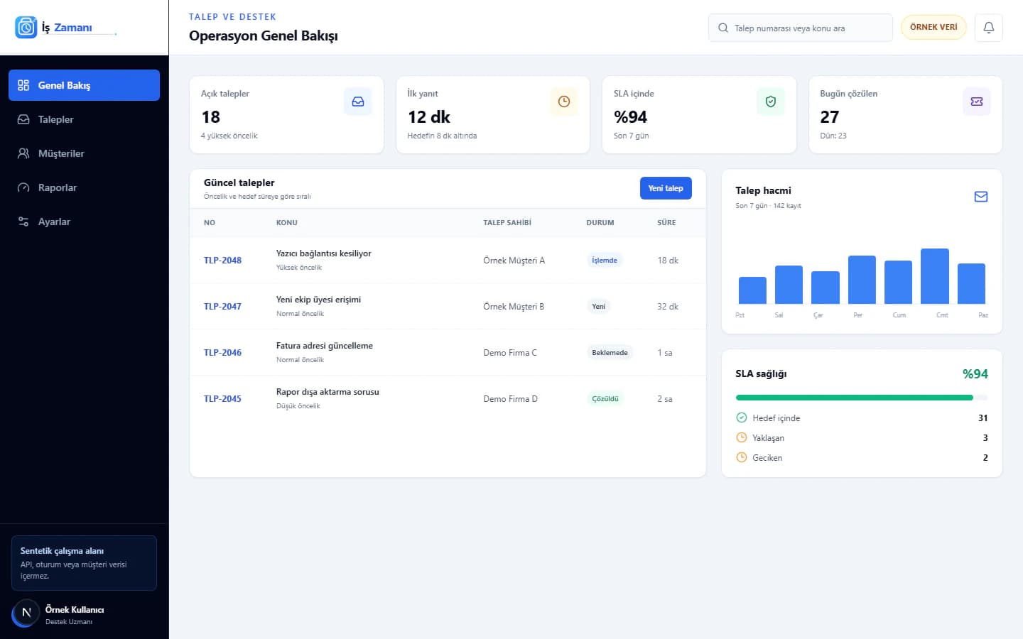 Talep ve Destek sentetik demo verileriyle dashboard ekranı